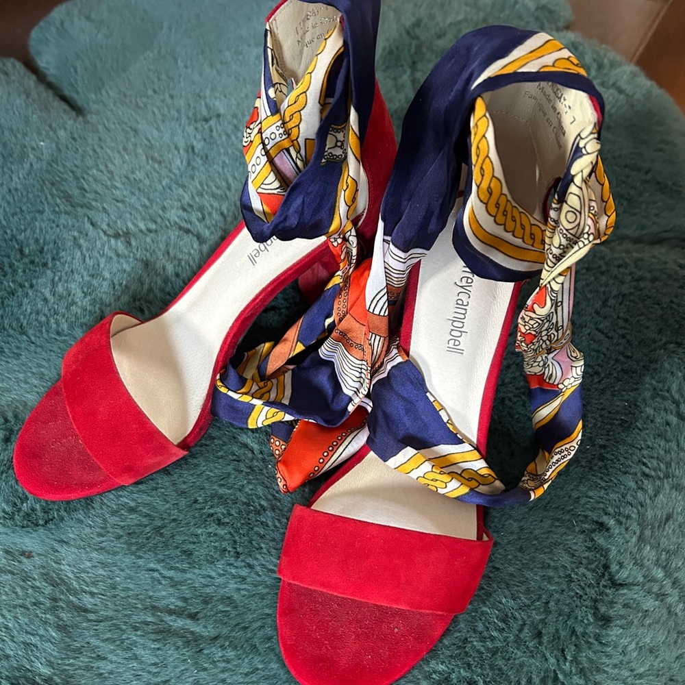Jeffrey Campbell Red Sandals with Colorful Scarf